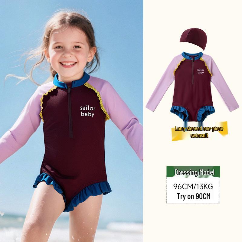 

Тунбэй 2025 Девочки Цветной блок Купальник с длинным рукавом 110