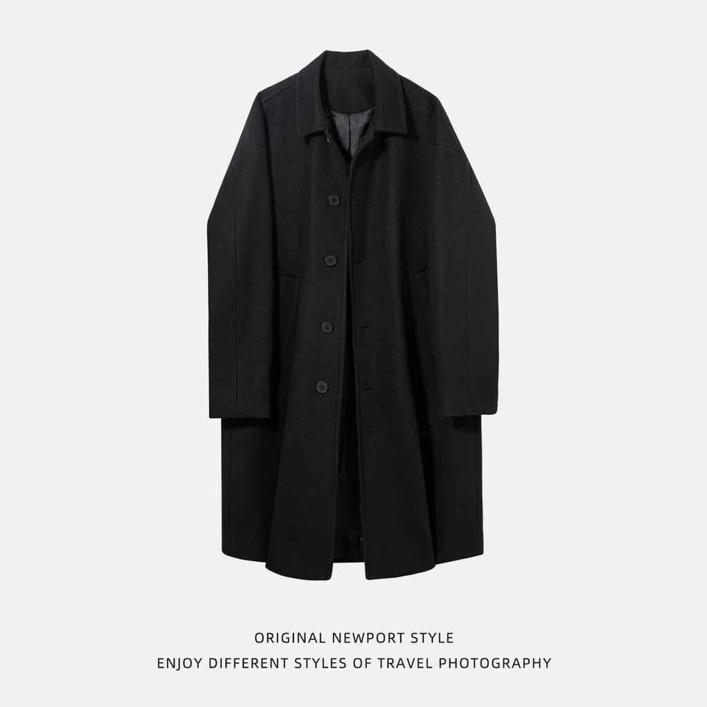 Men's Mid-Length Wool Coat - Dragon & Phoenix Design, Autumn/Winter Korean Style, Thick Windbreaker, Loose Fit, Trendy Brand Lapel Jacket.