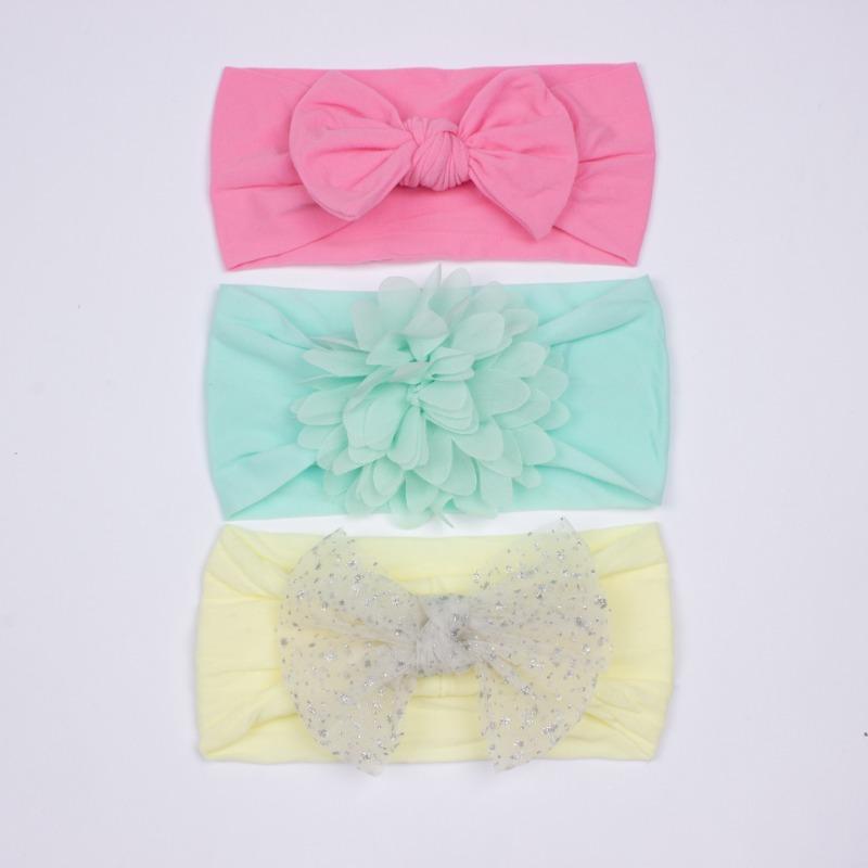 3Pcs new children's hair accessories, baby nylon bow does not hurt the skin, wide headscarf, baby headband.