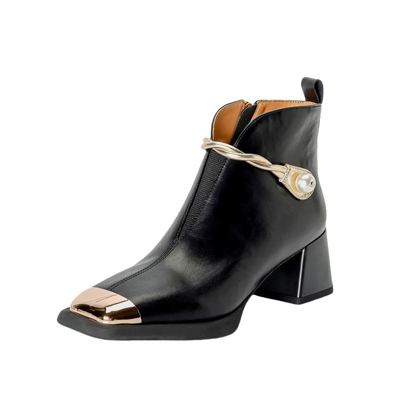 Fashion Women's New Autumn and Winter Square Toe Leather Cowhide Metal High-heeled Plus Size and Calf Elastic Fashion Short Boots
