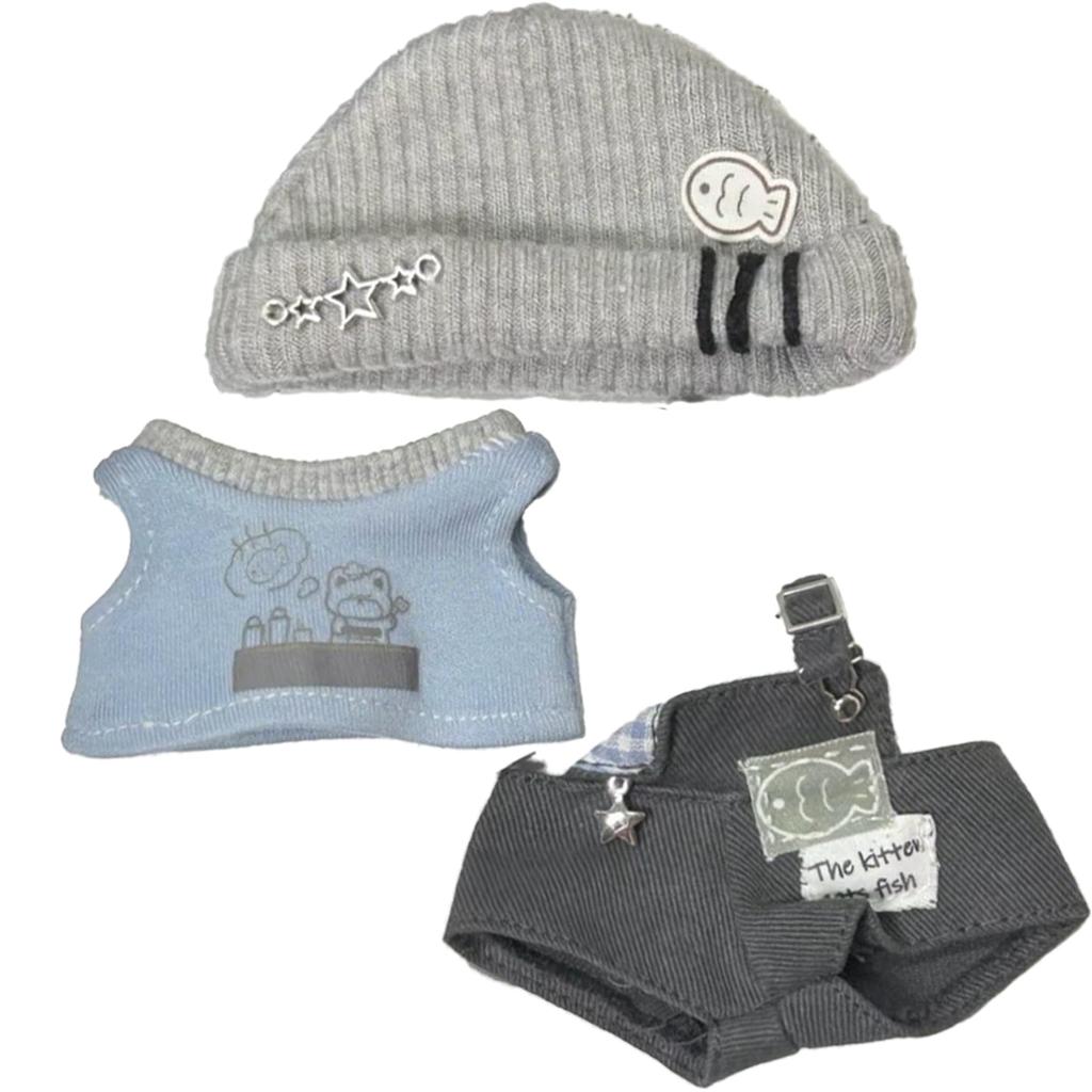 Knit Shirt and Overalls Set for Stuffed Costume Cap, 10cm, Grey, Animal, Kigurumi, Accessories, Otaku, Doll, Mascot, Kpopdoll, [used]