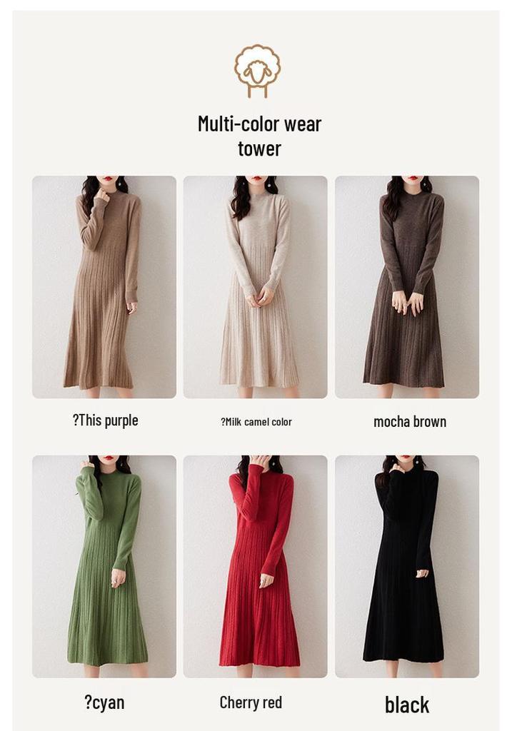 Elegant Merino Wool Women's Bodycon Knit Dress - New Style with Half High Neck and High Waist Design