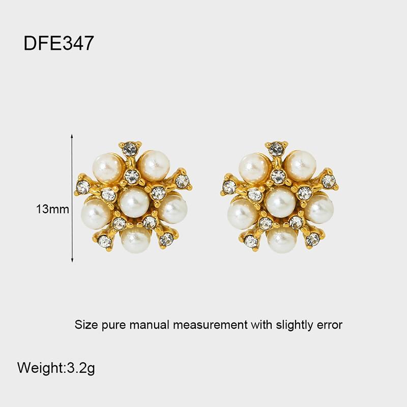 Retro-plated 18K gold stainless steel imitation pearl set bow flower stud earrings necklace non-fading jewelry