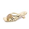 Fashion Rhinestone Flower Women's Slippers Summer New Luxury Fashion Elegant Square Toe Thin High Heels Sandals Women's Shoes Zapatos