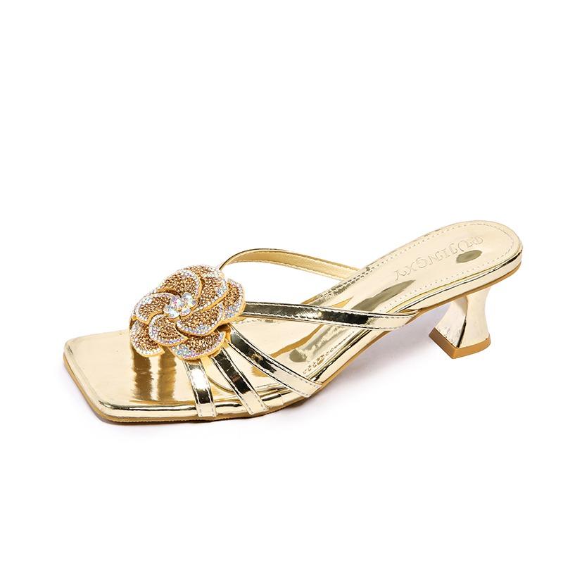 Fashion Rhinestone Flower Women's Slippers Summer New Luxury Fashion Elegant Square Toe Thin High Heels Sandals Women's Shoes Zapatos