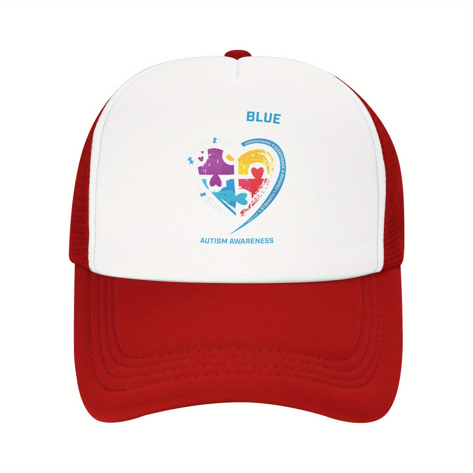 

Autism Awareness Puzzle Heart Blue Month Mesh Trucker Hat Casual Polyester Baseball Cap for Adults One Size