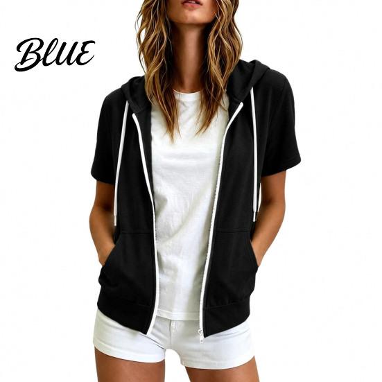 Casual Hooded Jacket Women Short Sleeve Zip-Up Hoodie Drawstring Sweatshirt Athletic Workout Top for Summer Lightweight Coat with Pockets Breathable