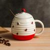 123Arts Ceramic Mug, Ladybug Coffee Mug with Spoon and Lid, Stripe Relief Cup, Water Cup