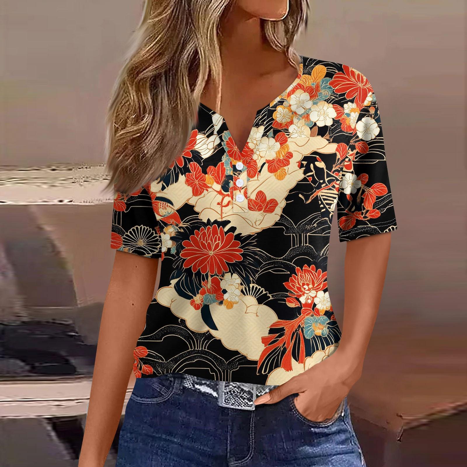 

Жіноча футболка Футболка з принтом на ґудзиках з коротким рукавом Щоденна мода на вихідні Базовий V-подібний виріз Звичайний топ Літо XL жовтий