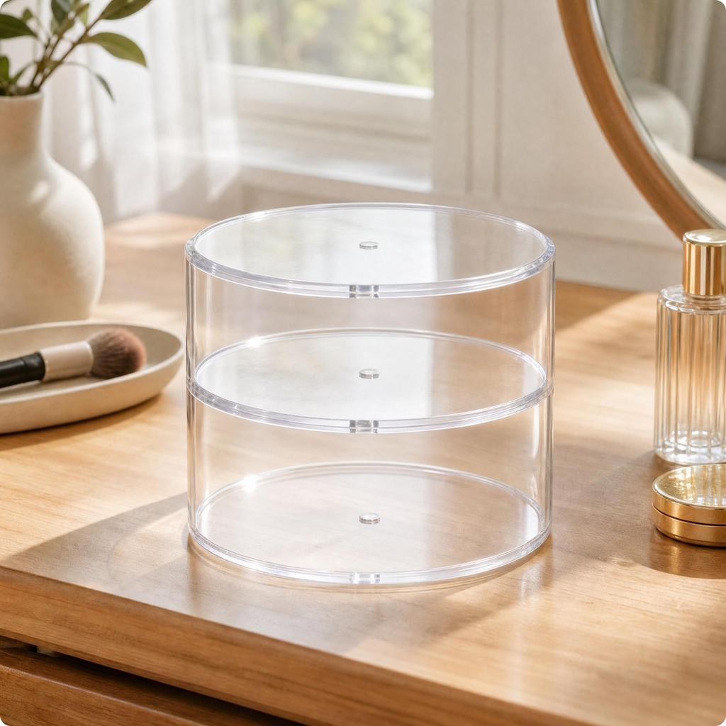 Clear Acrylic Cylindrical Organizer Compact Round Display Case with Internal Shelves