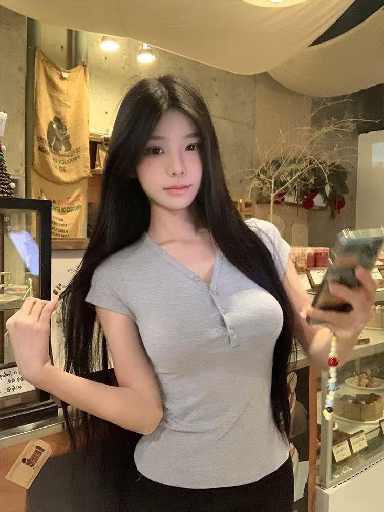 Women's V Neck Short Sleeve T Shirt Slim Fit Vintage Half Button Solid Color Y2K Casual Daily Base Blouse