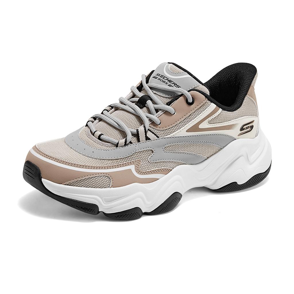 Skechers Bobs Sport Fashion Cómodas de Cuero Sintético Antideslizantes Resistentes al Desgaste Zapatillas de Running de Caña Baja para Hombre Blancas Marrones 118332-NTGY