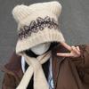 Fashion Cute Bear Scarf One-piece Hat for Women Winter Warm Knitted Scarf Hats Balaclava Ear Protection Cap Woolen Hat Beanies