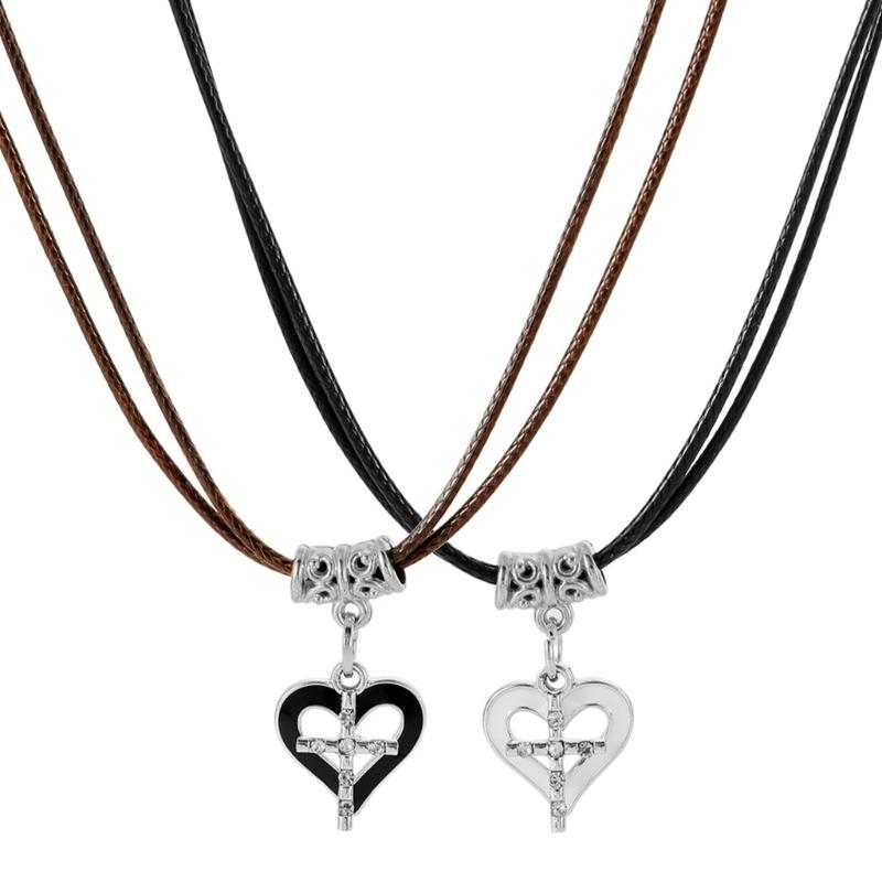 2pcs Heart Cross Cat Pendant Necklace Couple Black Rope Choker Necklace Jewelry 1