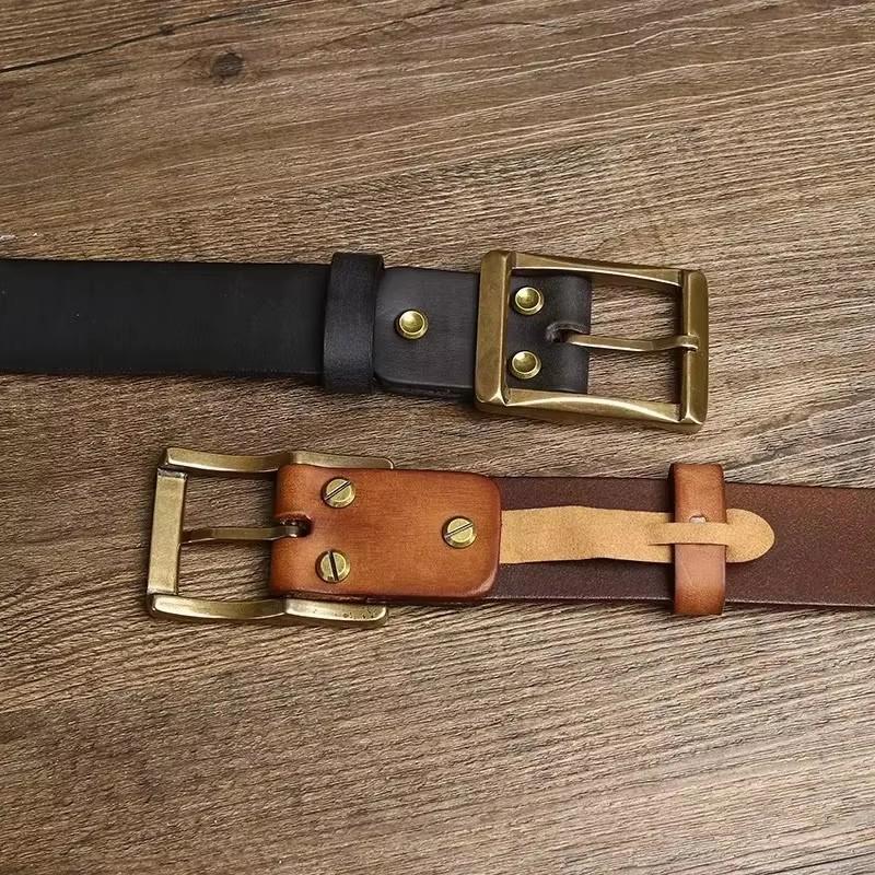 3.8CM Thick Real Genuine Leather Pure First Layer Cowhide Belt Copper Buckle Retro Wild Old Tide Cowboy Jeans Strap Casual