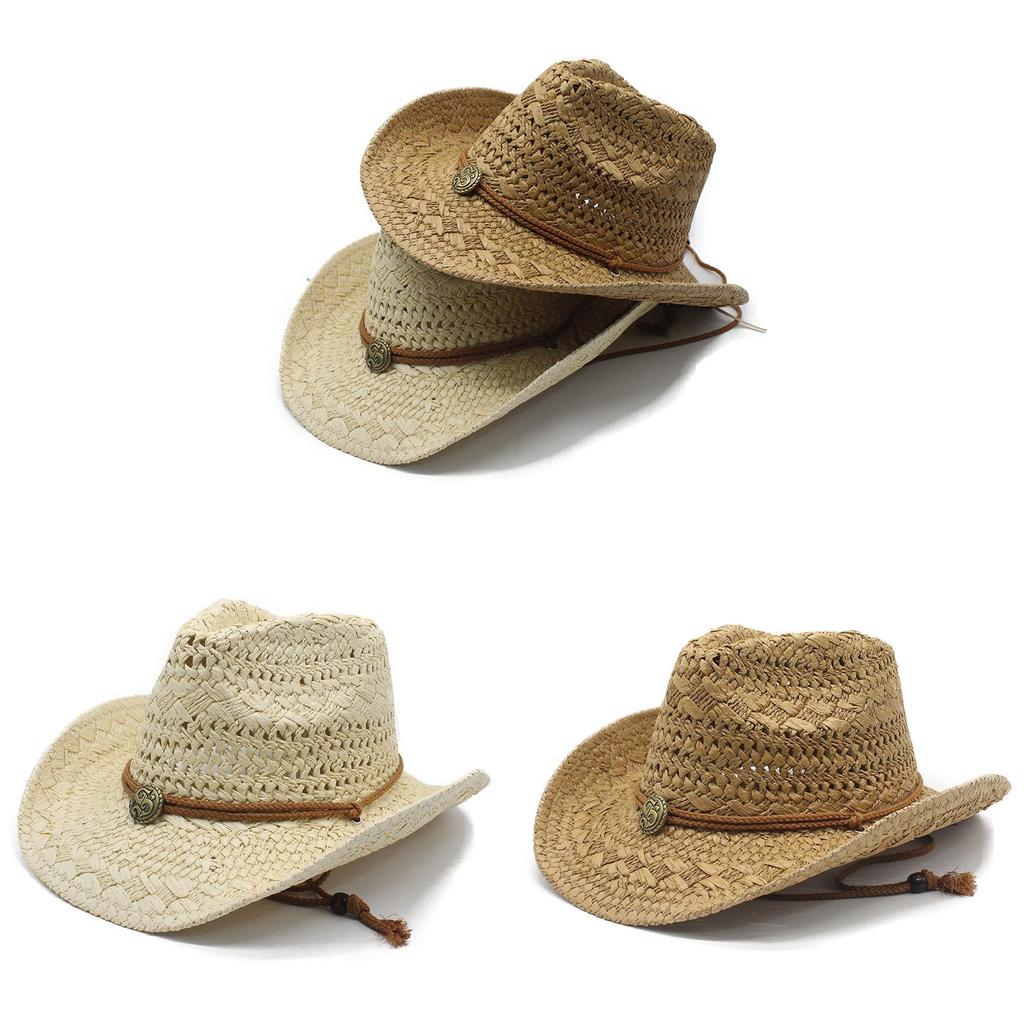 Ethnic Style Foldable Raffia Straw Hat With Wide Brim Sun Protection For Summer Beach Wear