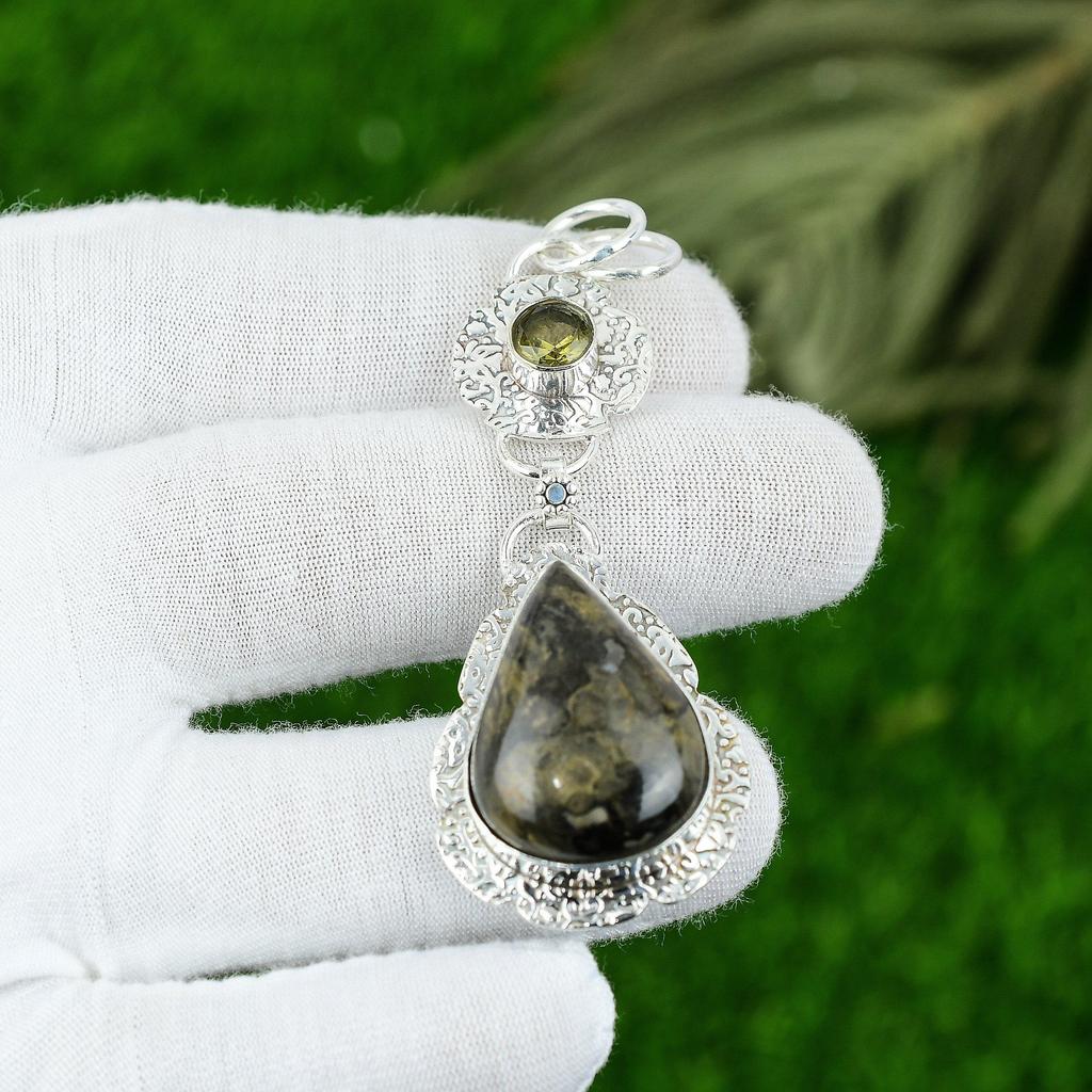 Natural Petrifide Wood Gemstone Pendant 925 Sterling Silver Jewelry For Girls