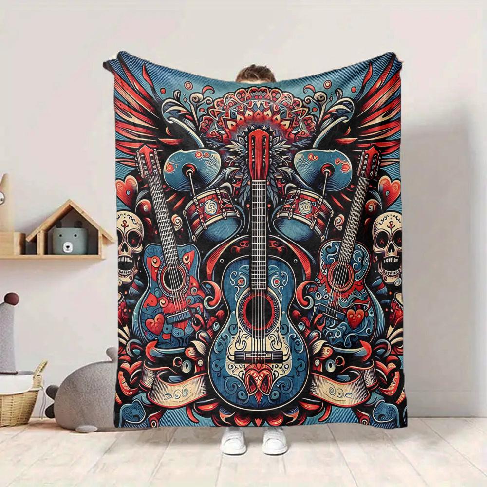 1pc Guitar Music Lightweight Flannel Blanket, Comfortable and Warm Blanket, for Office and Camping Sofa Bed, Livingroom205