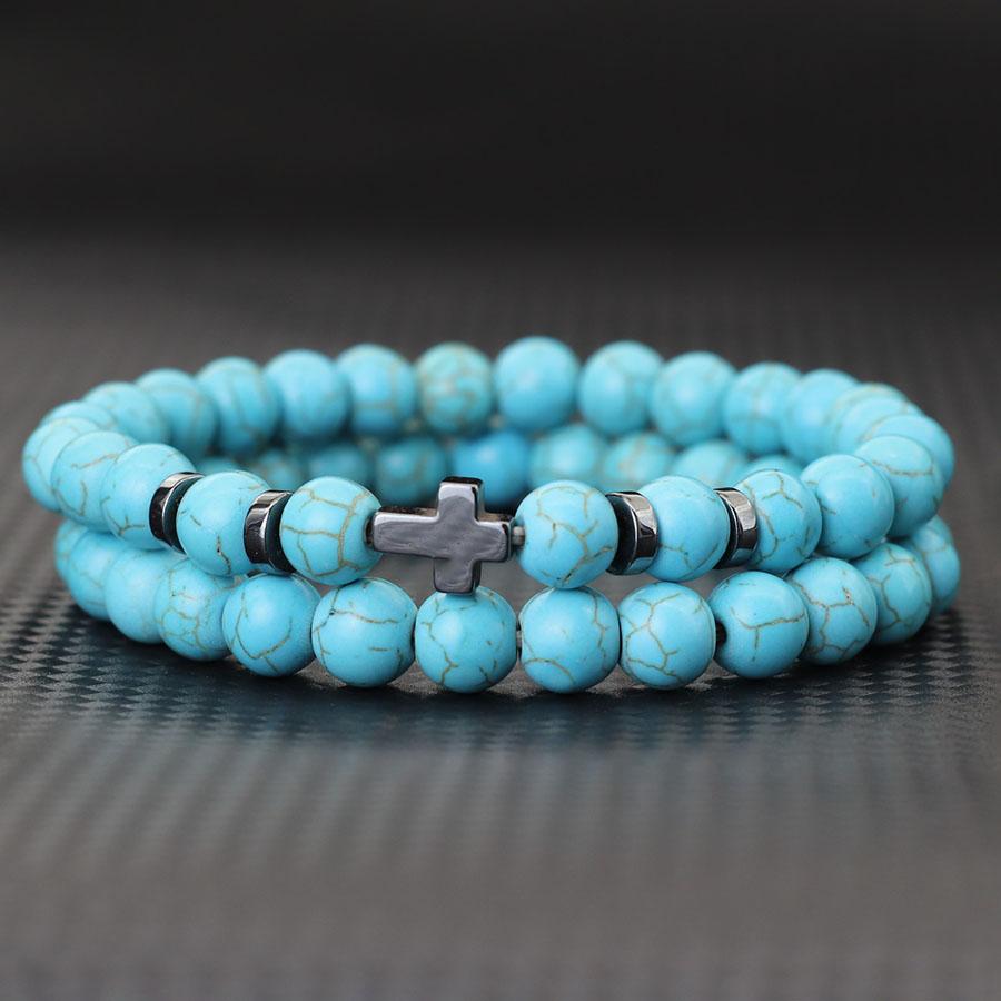 Simple Men Bracelet 2Pcs 6mm Natural Stone Meditation Yoga Brass Braclet Cross Hematite Lava Stone Faux Wooden Bead Strings