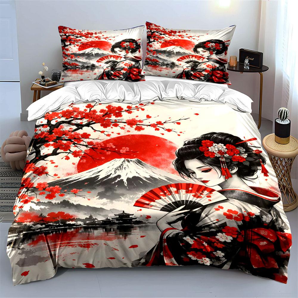 Japanese Geisha with Fan Bedding Duvet Cover Set  (1*Duvet Cover 2*Pillowcases, without duvet insert)