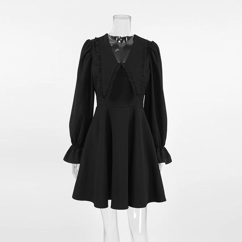 

Fashion Style Sexy Stylish Lapel Bell Sleeve Silm Dress Horn Sleeve Lapel Dress Black S