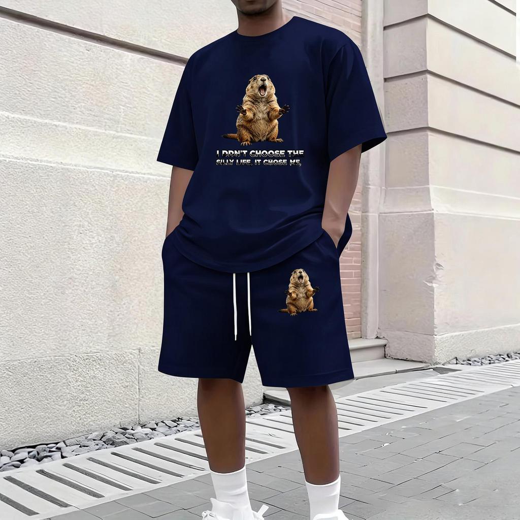 Men's Casual Two Piece Set Short Sleeve Crew Neck T Shirt and Shorts with Animal Print Loose Fit Summer Outfit Comfortable Daily Wear