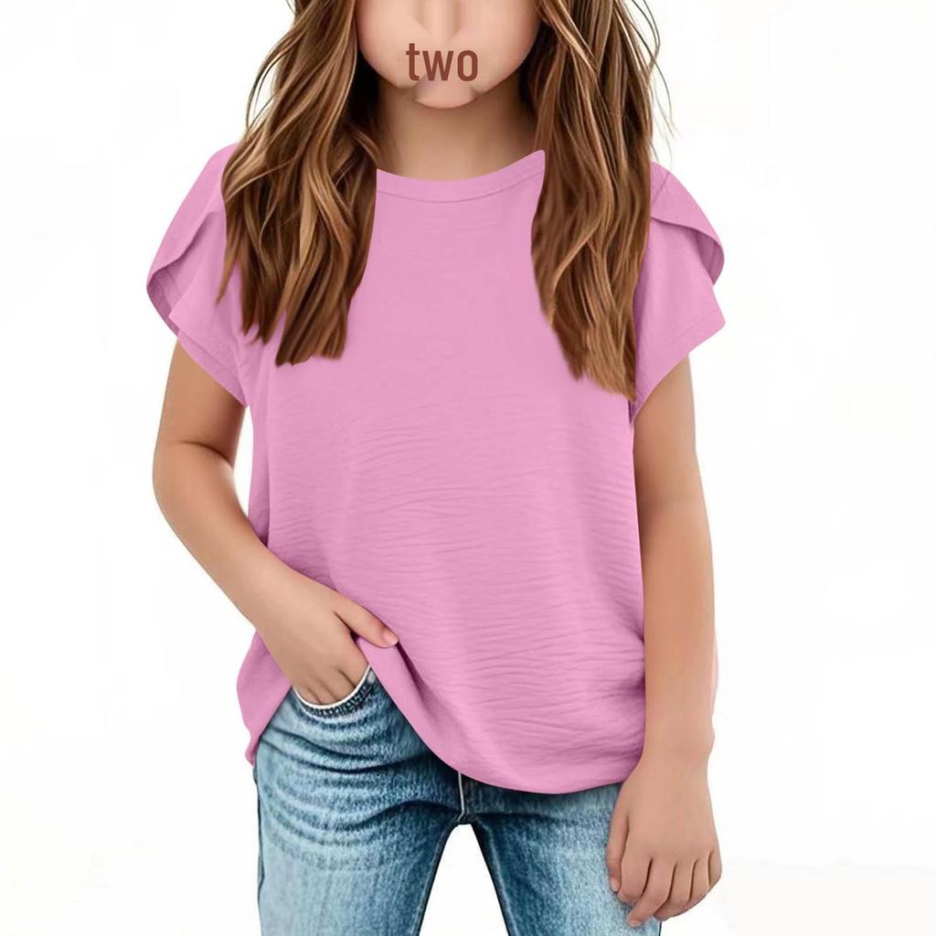 Girls' Cotton Linen Casual Short-Sleeve Top, Solid Color, Round Neck - 2025 Summer Collection