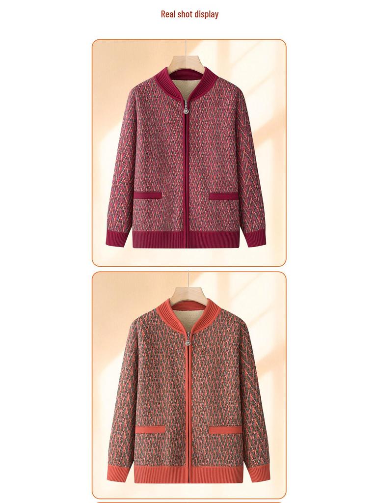 Fleece-lined Wool Cardigan for Women, Ideal for Middle-aged and Elderly Ladies, Thick Warm Sweater for Autumn/Winter, Perfect for Ages 60+.