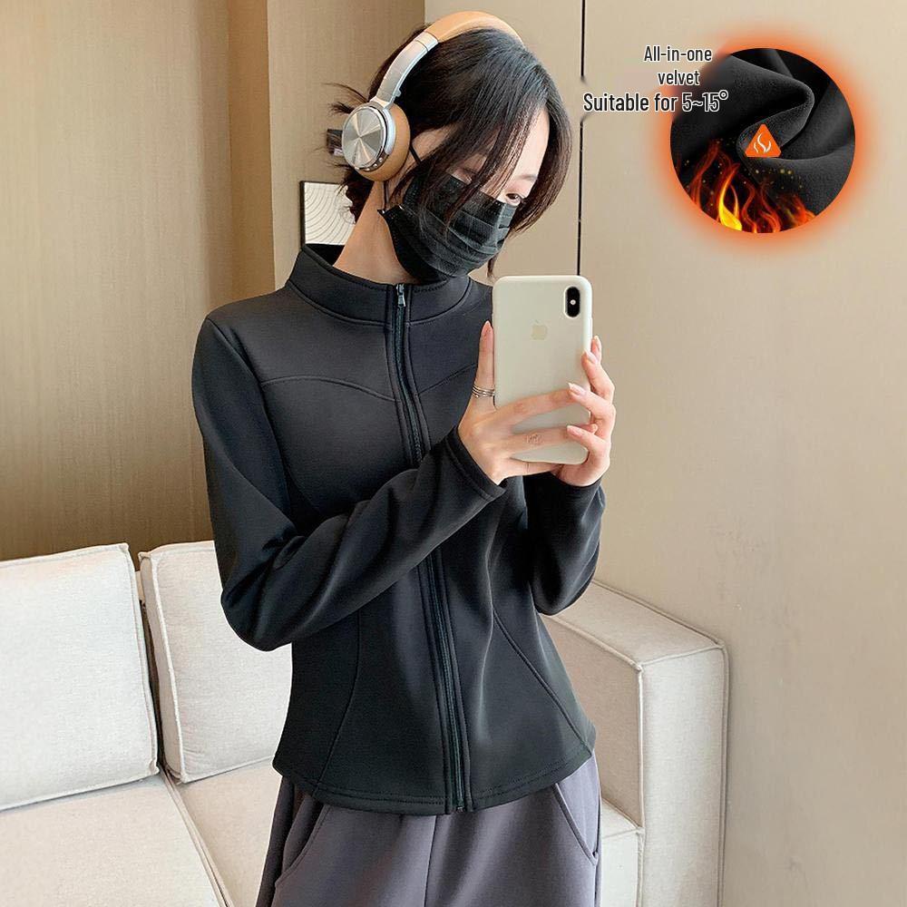 Autumn/Winter Women's Fleece-Lined Yoga Jacket - Korean Style, Slimming Curve Zipper, Stand-Up Collar, Long Sleeve Top