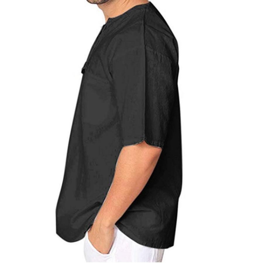 Summer Men's Short Sleeve Blouse Vintage Cotton Linen Tie V Collar Casual Breathable Men Shirt