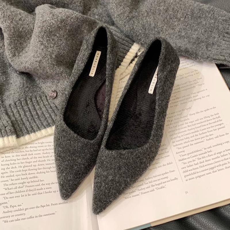 French Black High Heels Pointed Single Shoes Women's Shoes 2025 New Autumn and Winter Outer Wear Velvet Commuter Temperament Shoes