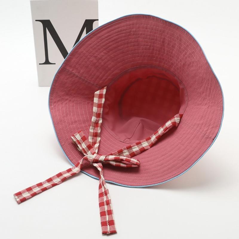 Plaid wide edge strap bucket hat women's summer big brim showing face small sun hat sun protection hat basin hat