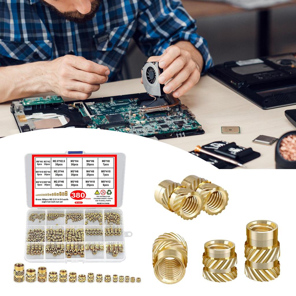 380Pcs Brass Knurled Nuts 2/2.5/3/4/5/6mm Threaded Inserts Metric Knurled Nuts Assortment Kits for 3D Printing