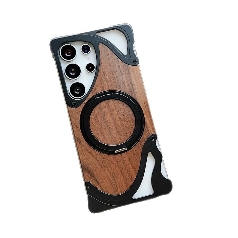 Metal Walnut Phone Case With Magnetic Stand S26 Ultra S25 S24 S23 Shockproof Rotating Edge