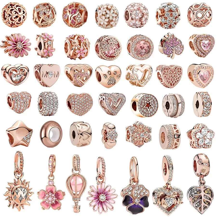 Plated Rose Gold Sparkling Pink Air Balloon & Levelled Heart Charm Bead Fit Original Sier Bracelet DIY Jewelry