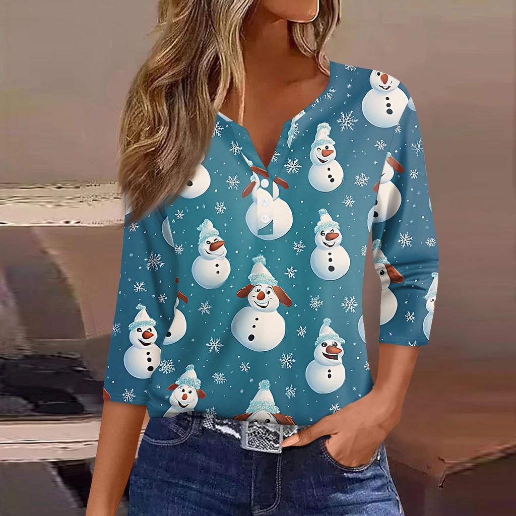 Women's T Shirt Tee Christmas Printed Button 3/4 Sleeve Tunic Daily Weekend Fashion Basic V- Neck Regular Top