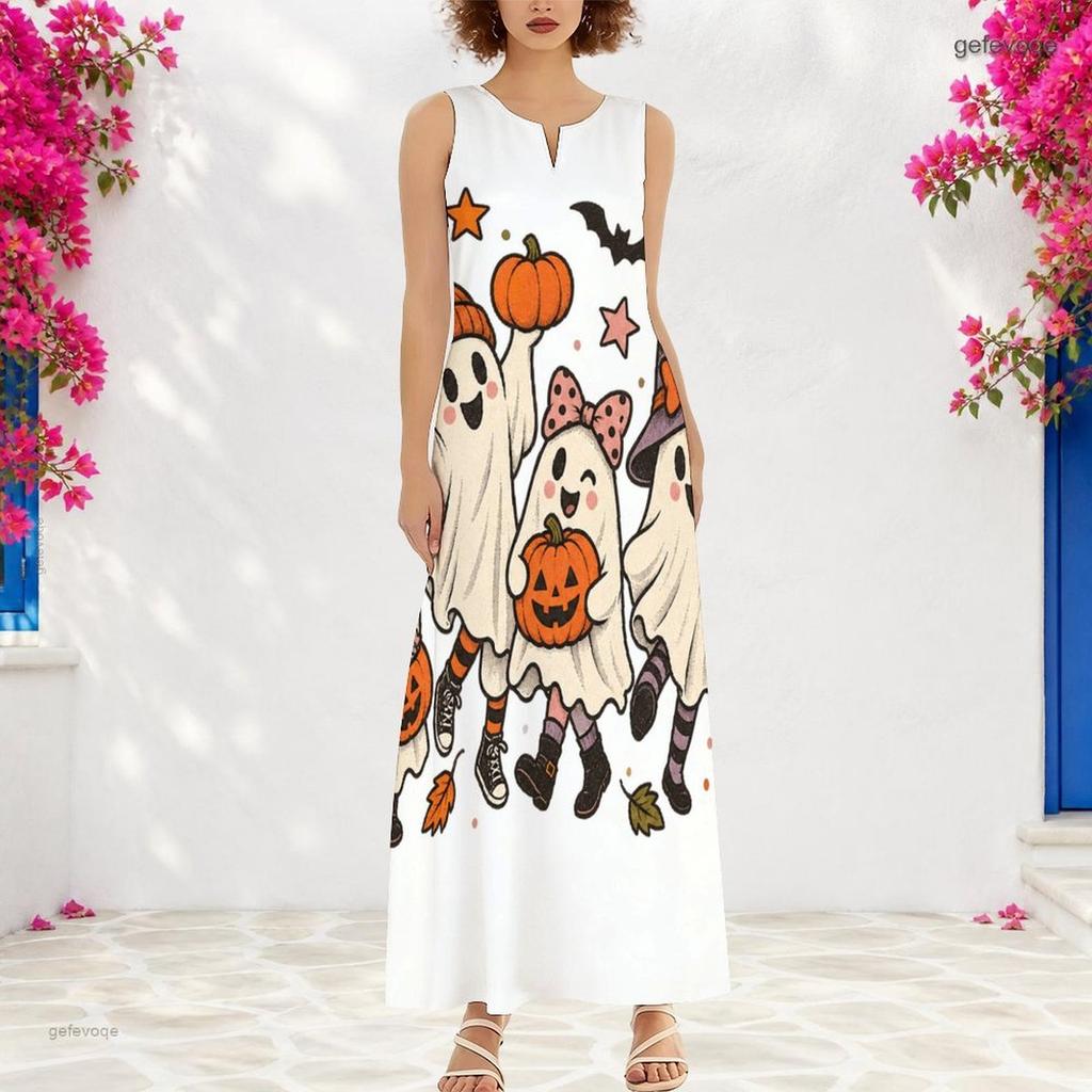 Women Plus Size Sleeveless Small V Neck Maxi Dress Halloween Witch Lamb Cartoon Print Loose Long Dress