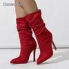 Stivali Eleganti da Donna alla Moda, Pieghettati, a Metà Polpaccio, Punta Sottile, Tacco Alto Sottile, Stivaletti Corti con Zip Laterale, Botas Zapatos De Mujer