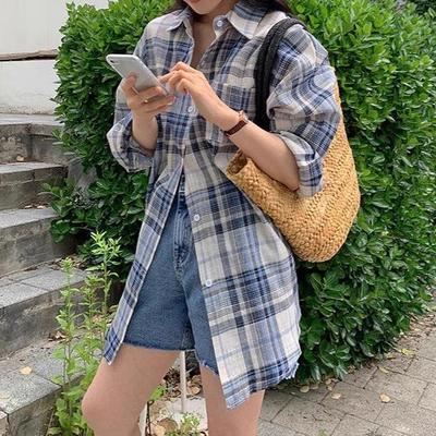 New 2025 Women's Loose-Fit Korean Blue Plaid Shirt Top