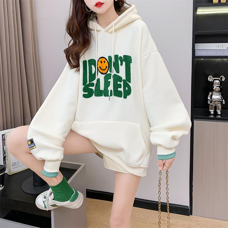 Women's Hooded Long Sleeve Oversized Casual Top Color Block Denim Splicing Letter Print Loose Fashion Hoodie Blouse