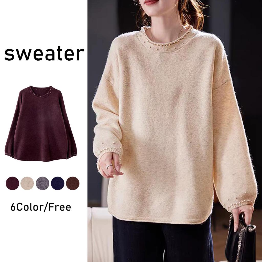 Knit Long Pullover Loose Plus Sizes Perfect for and Winter [OGCPWYQZ] Women's Sweater, Sleeve, Pearl-Decorated Top, Fit, Available, Warm, Stylish,