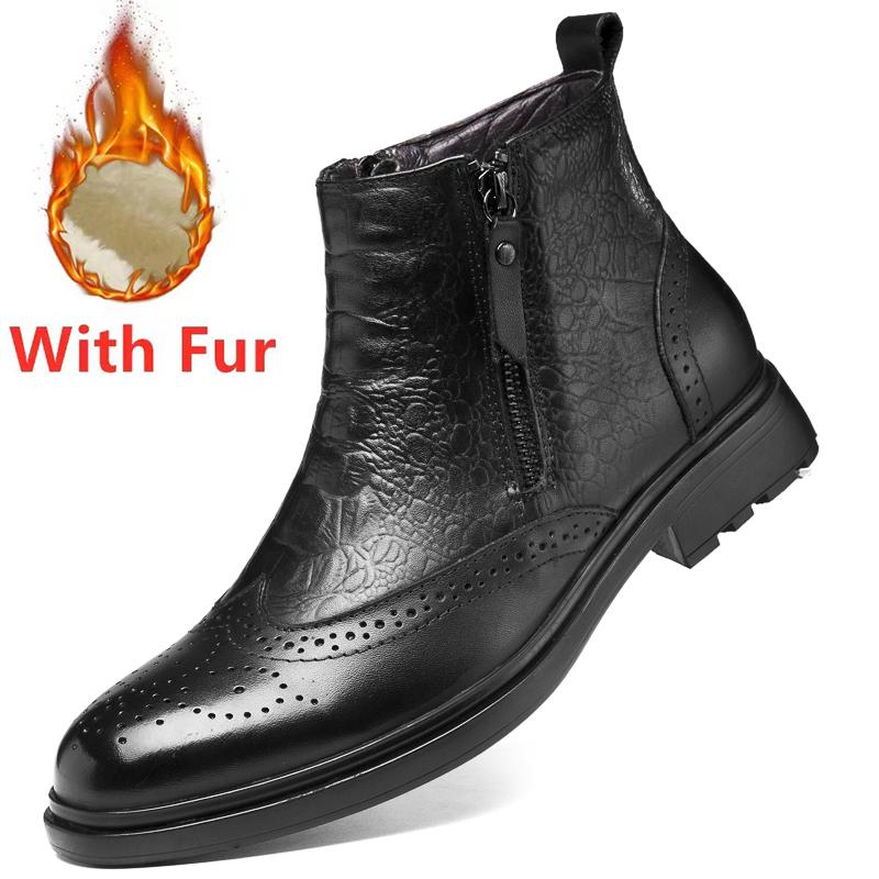 Fashion High Quality Genuine Leather Men Chelsea Boots Luxury Brand Brogue Shoes Fashion Casual Warm Plush Ankle Boots Snow Basic Boots