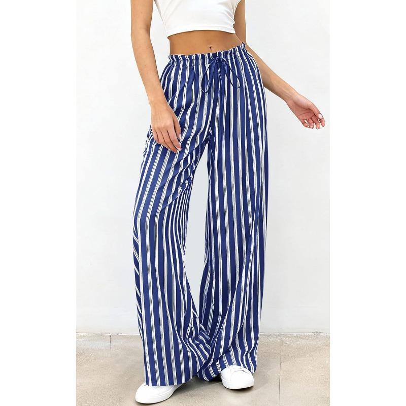 Women Striped Loose Commuting Casual Elastic Waist Wide-Leg Trousers