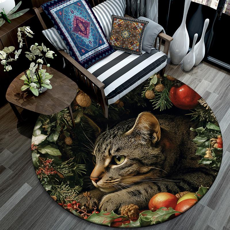 Christmas cat pattern round rug,Carpet Rug for Living Room Bedroom Playroom ,Non-slip Floor Mat,Holiday Gifts and Birthday Gifts.