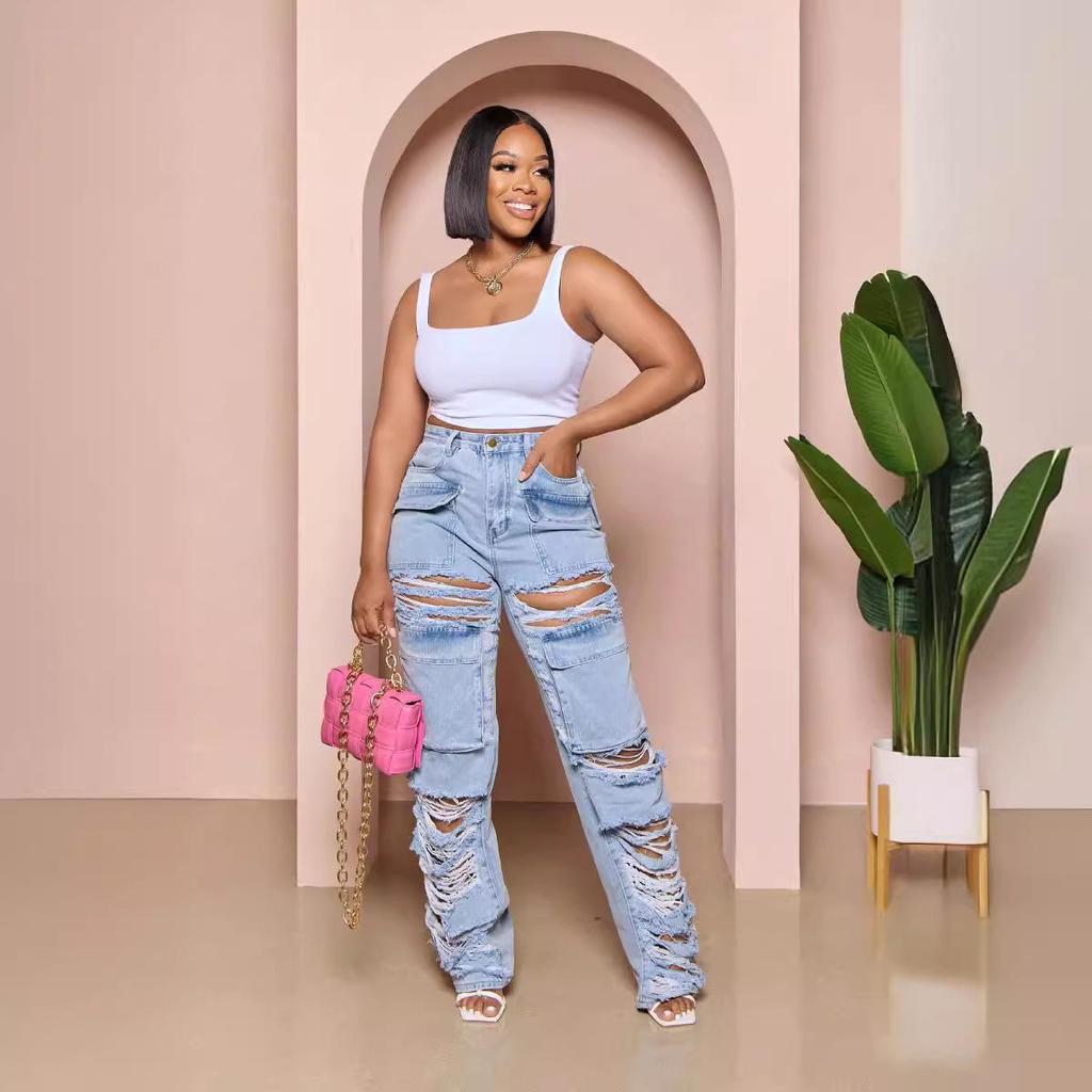 Women's Summer High Waist Wide Leg Ripped Jeans