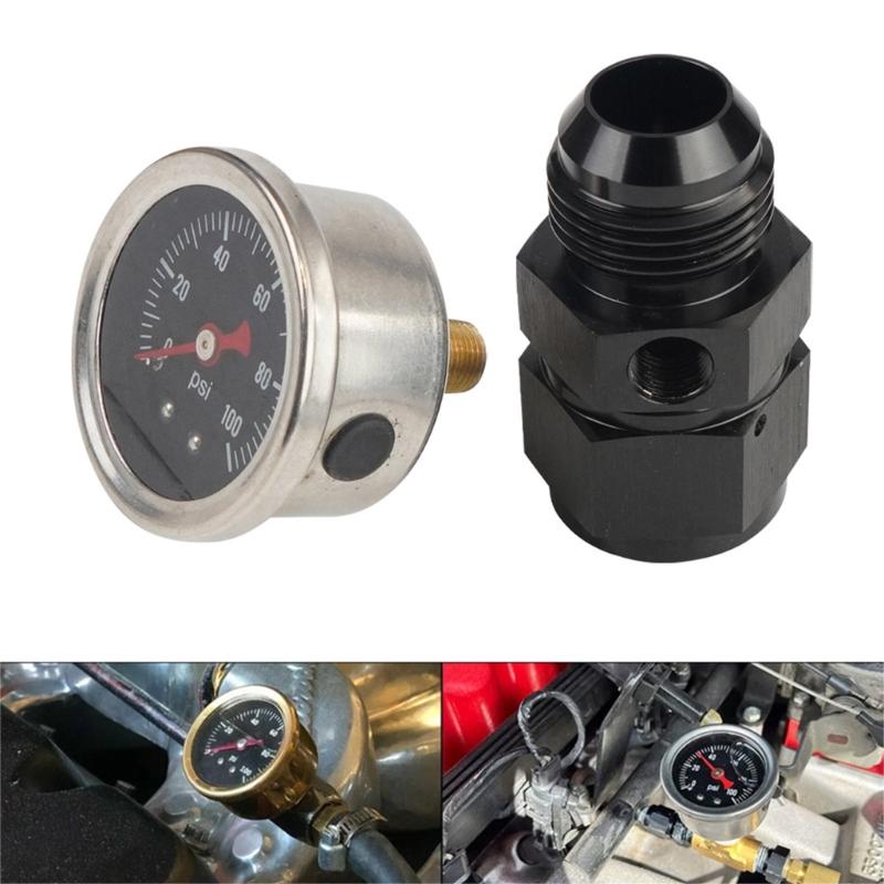 Fuel Pressure Gauge with 4AN Fuel Pressure Take Off Fitting, 0-100Psi, 1-1/2" Black Dial, 1/8"NPT Center Back Mount