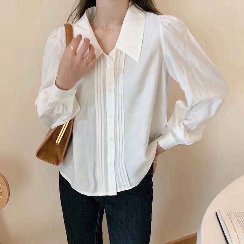Doll Collar White Shirt, New Layering Inside Out, Organ Pleat Blouse Design Chic Long Sleeve Ladies Shirt