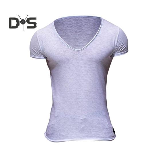 Men Summer T-shirt Short Sleeves V Neck Solid Color Soft Slim Fit Breathable Mid Length Elastic Casual Pullover Men Sport Top