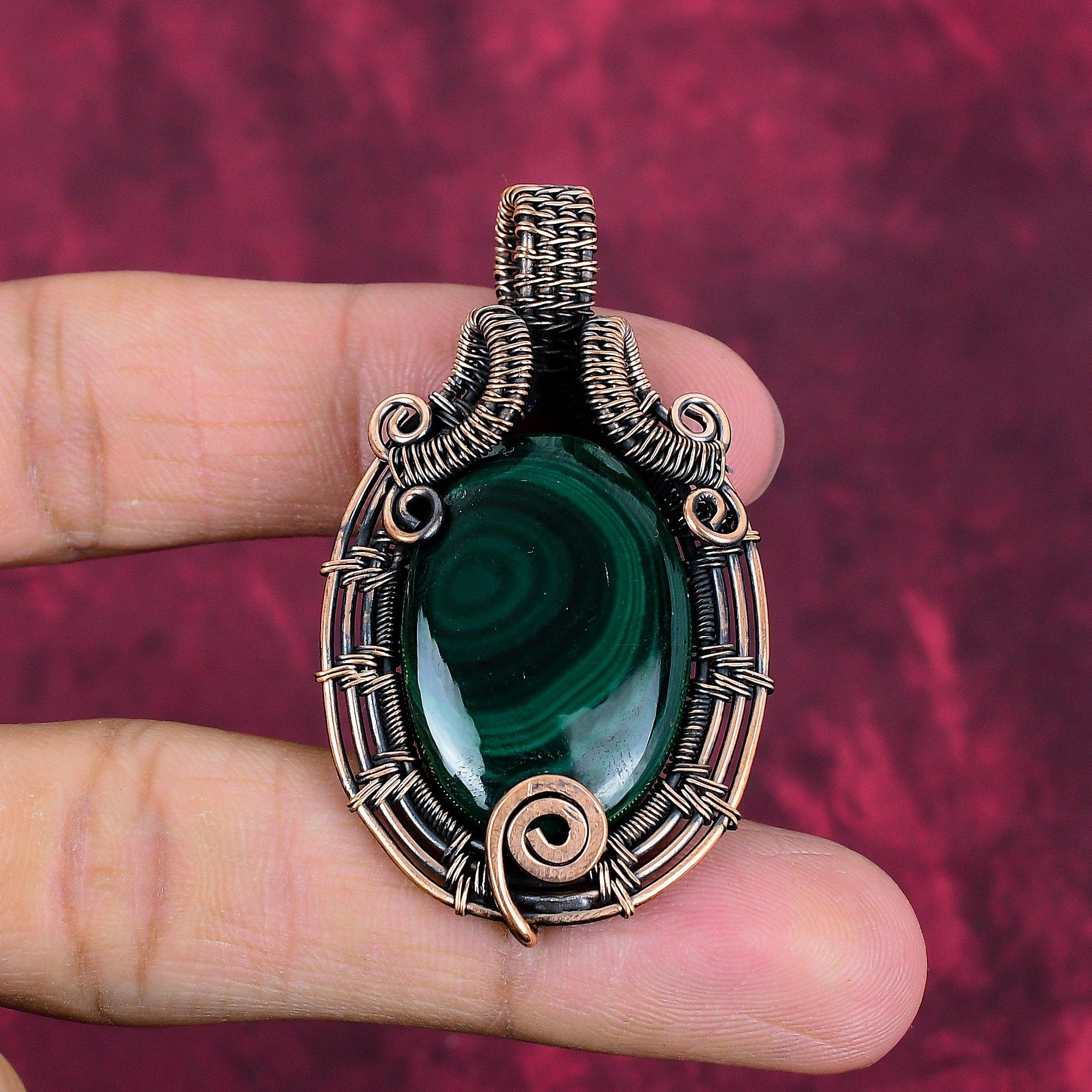 Malachite Gemstone pendant Copper Wire Wrapped Handmade Pendant Antique Jewelry