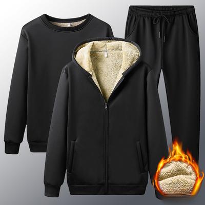Fleece-lined Three-piece Set Sheepskin Sweatshirt Cardigan Trousers Autumn Winter Warm Thickened Loose-fit Hooded Sports Suit